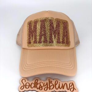 Tan 'MAMA' Glitter Trucker Hat